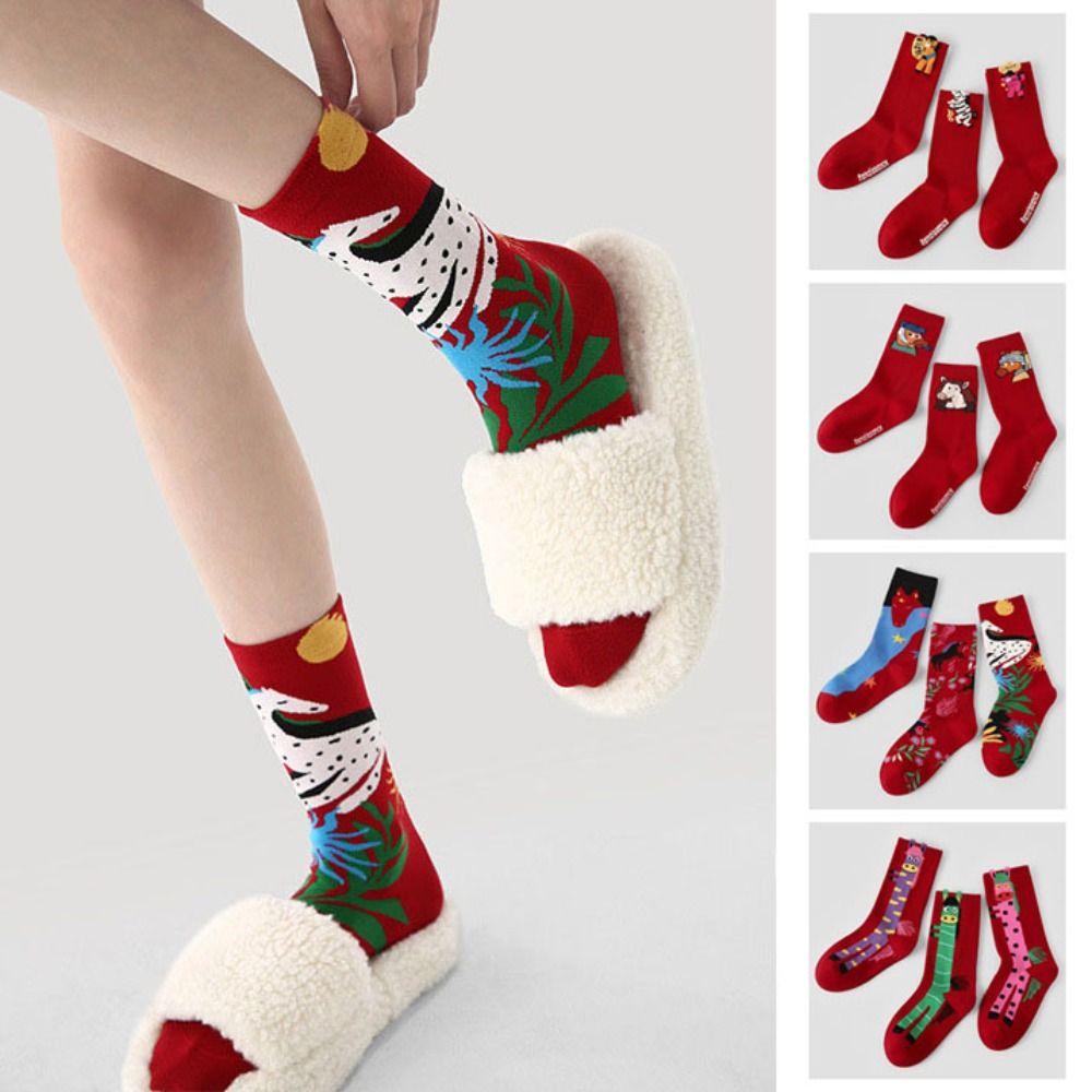 3Pairs Cartoon New Year Tube Socks Mid Calf Zodiac Year Socks Funny Red Cotton Socks Gift