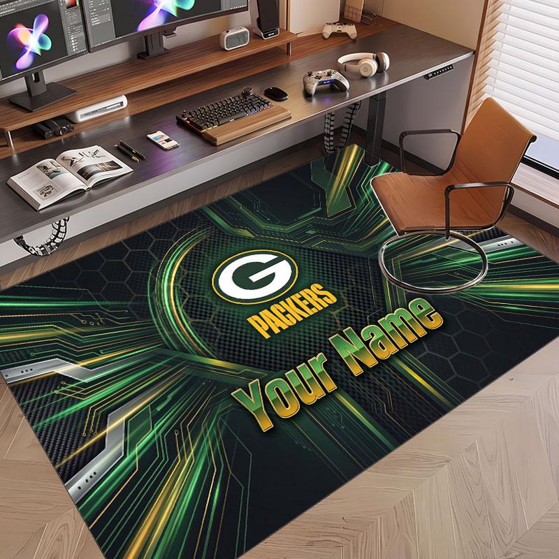 Custom Rug Green Bay Packers Pattern Print Name Text Soft Non‑Slip Floor Carpet for Home Indoor Decoration