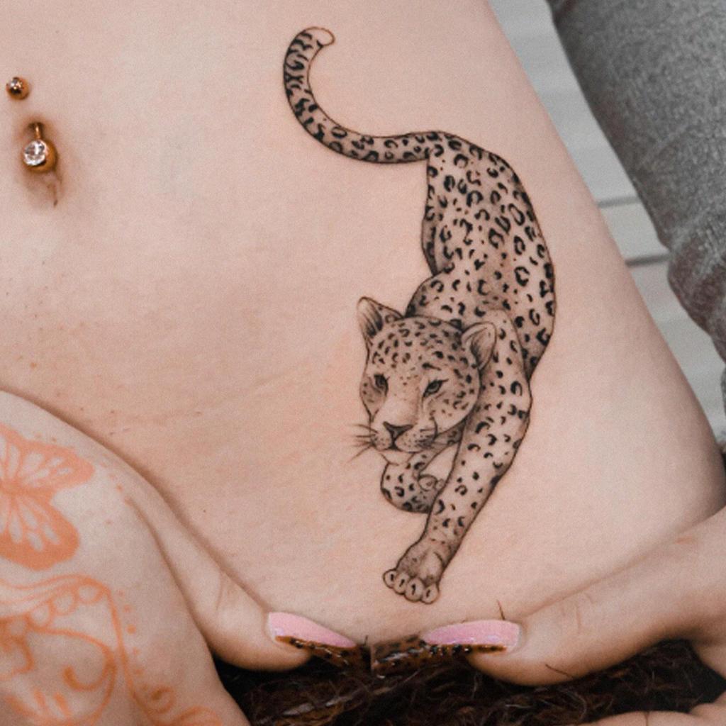 Minimalist Lines Leopard Tattoo Sticker Cold Lazy Waterproof Lasting Waist, Abdomen, Side Waist Exquisite Animal Pattern