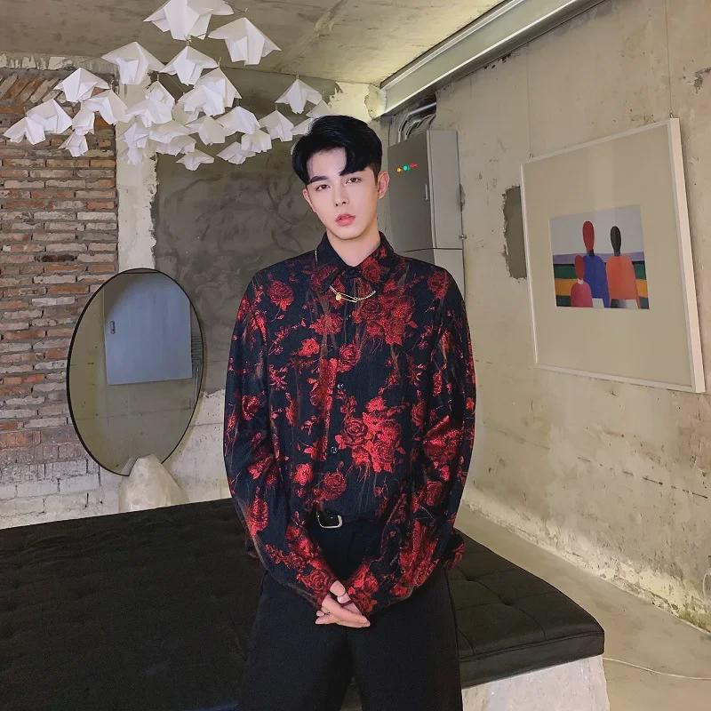 Pánská retro lesklá westernová košile s potiskem růží - Volná, trendy top kadeřníka ve stylu celebrit