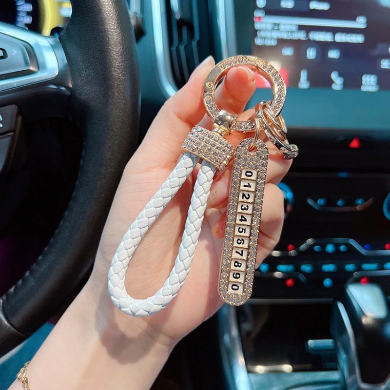 Creative and Fashionable Car Keychain, Leather Handmade Woven Rope, Full of Diamonds, Number Plate, Anti Loss Keychain Ring