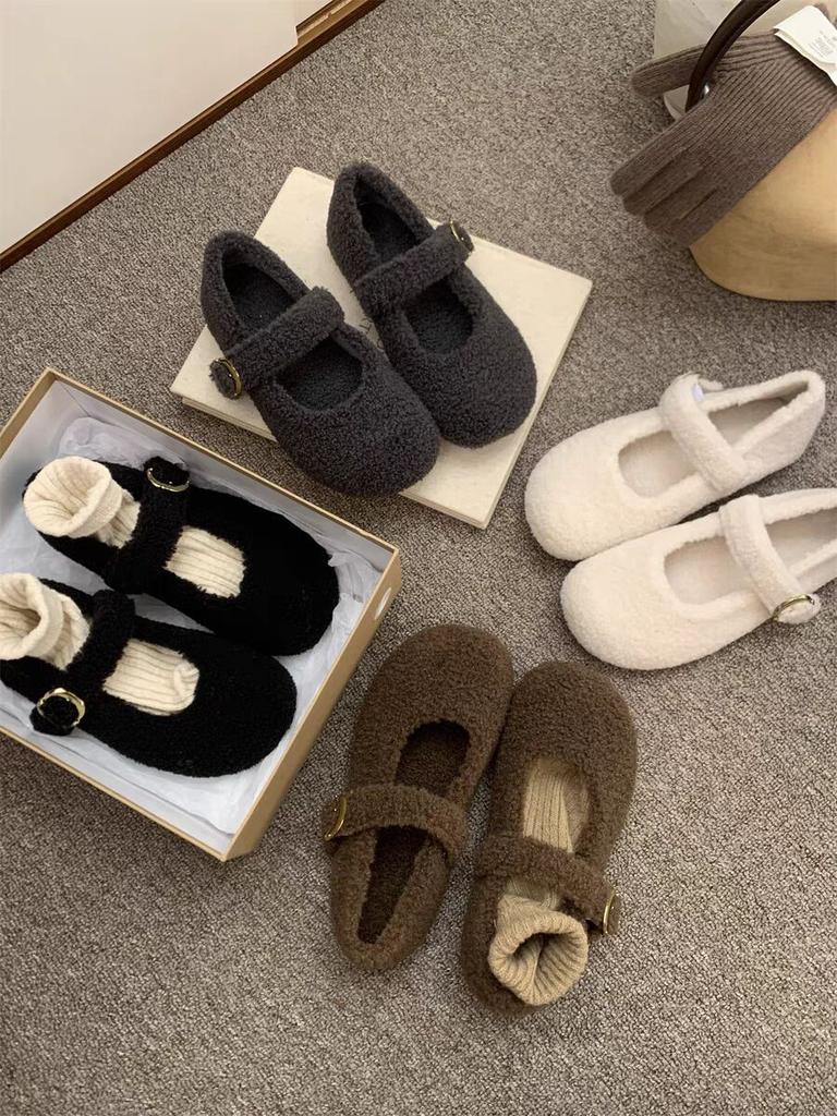 Xiaoxiangfeng velvet flat-soled fluffy shoes for women's 2025 new autumn and winter ballet round head versatile soft-soled Mary Jane cotton shoes