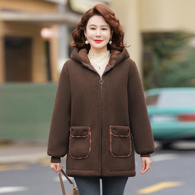 

Зимняя куртка из гранулированного флиса, новая стеганая куртка, стеганая куртка из овечьего флиса большого размера, женская осенне-зимняя стеганая куртка с капюшоном 5XL [Recommended 150-80 kg] темно-коричневого