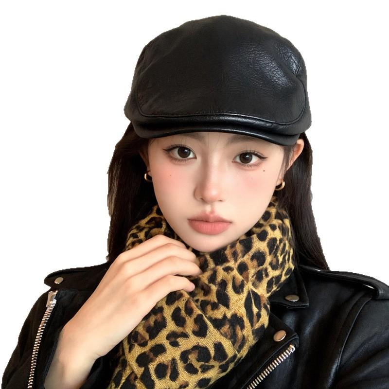 American retro street hat leather beret women's summer thin solid color casual versatile face small forward hat