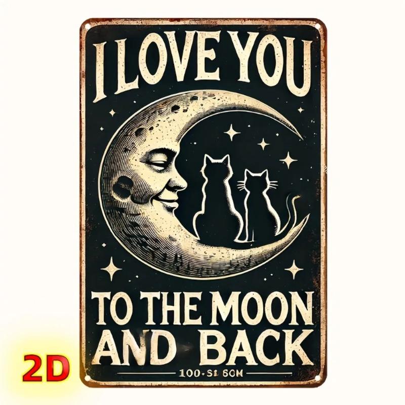 Metal Tin Sign Love Moon and Back Vintage Wall Art Decor Waterproof Pre Drilled Holes