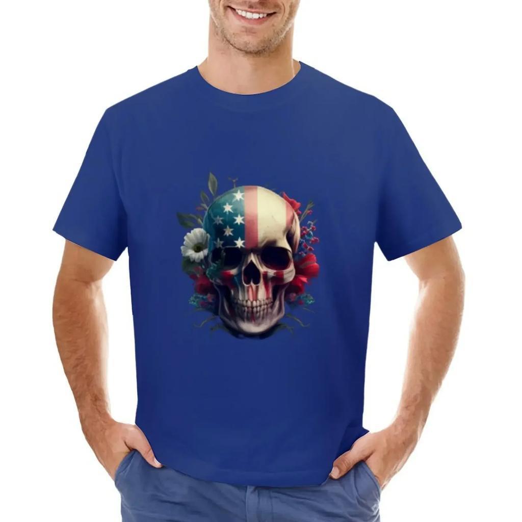 American Flag Skull T-shirt Hippie Clothes Summer Tops Black T-shirts for Men