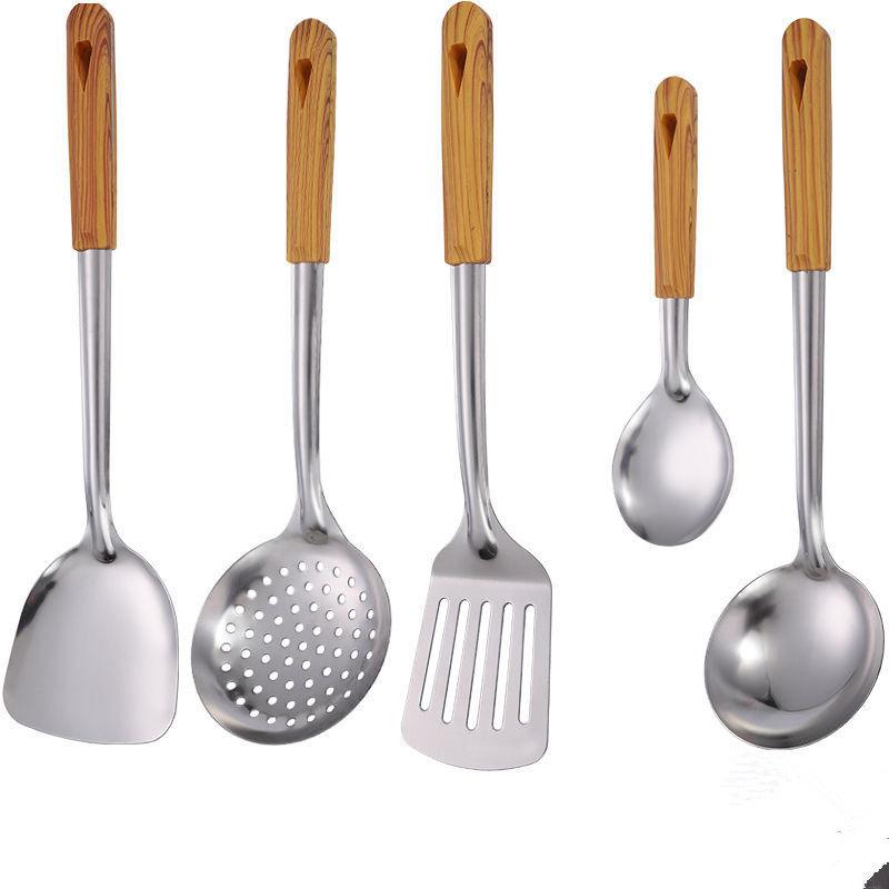 Utensilios de cocina de acero inoxidable con mango de madera, espátula, cuchara para sopa de arroz, pala para freír, colador, utensilios de cocina