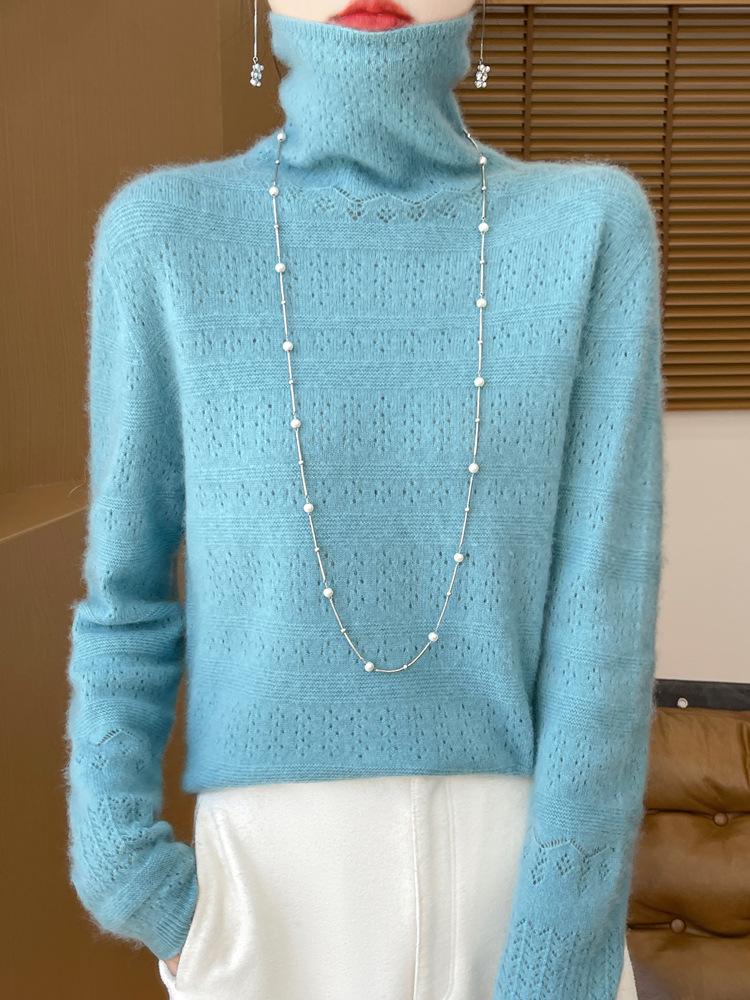 Women's Pure Wool Mock Neck Sweater - Seamless Hollow Knitwear for Autumn/Winter