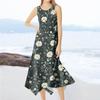 Lässiges, modisches Damen-Midikleid mit Rundhalsausschnitt, ärmellos, Blumendruck, unregelmäßiger Saum