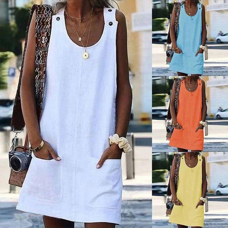 Sexy Women V Neck Sleeveless Pocket Blouse Shirt  Evening Party Beach Mini Dress