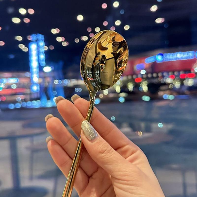 Edelstahl Großen Kopf Runde Löffel Net Rot Goldene Abendessen Langen Griff Rühren Dessert Löffel Für Küche Zubehör Gadgets