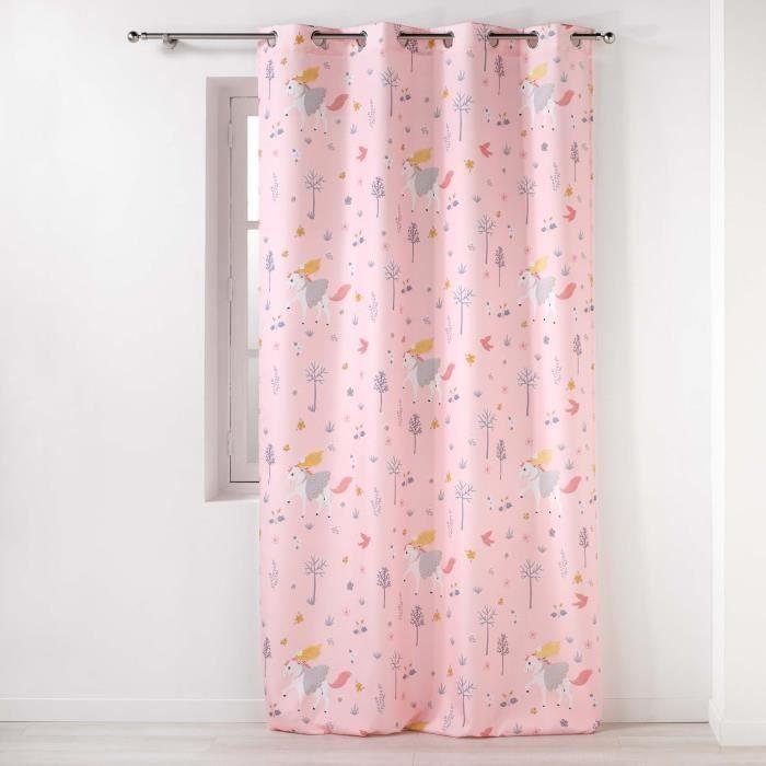 Rideau à oeillets - Fée des bois - Licorne - Rose - Tamisant - 140x260 cm