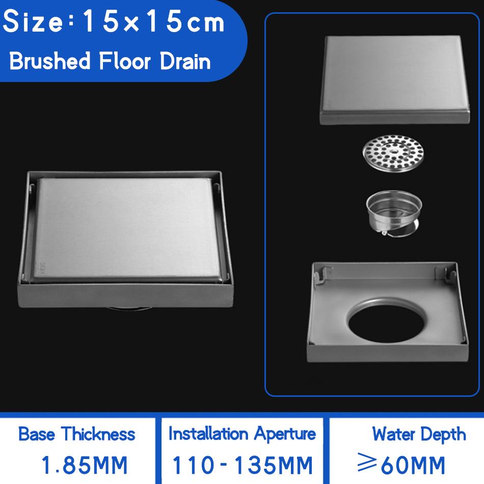 Invisible Floor Drain 304 Stainless Steel Black Brushed Bathroom Shower Drainage Square Waste Filter Floor Drains 10/11/12/15cm