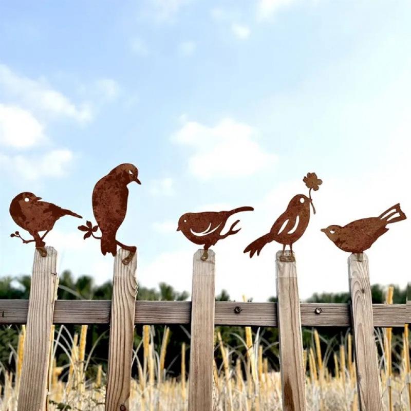 Rusted Wrought Iron Five Birds Silhouette Garden Fence Ornament