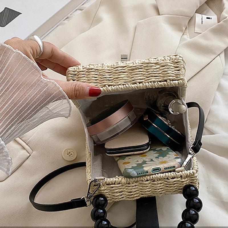 Summer Rattan Small Square Bag Casual Style Beach Bag Handbag Woven Handmade Top-handle Bag Shopping Portable Purse Totes