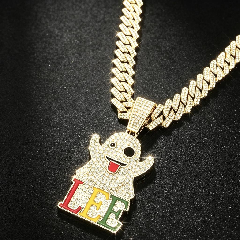 European-American Trendy Ghost Pendant: Rhinestone Hip Hop Accessory with Tongue-Out Expression