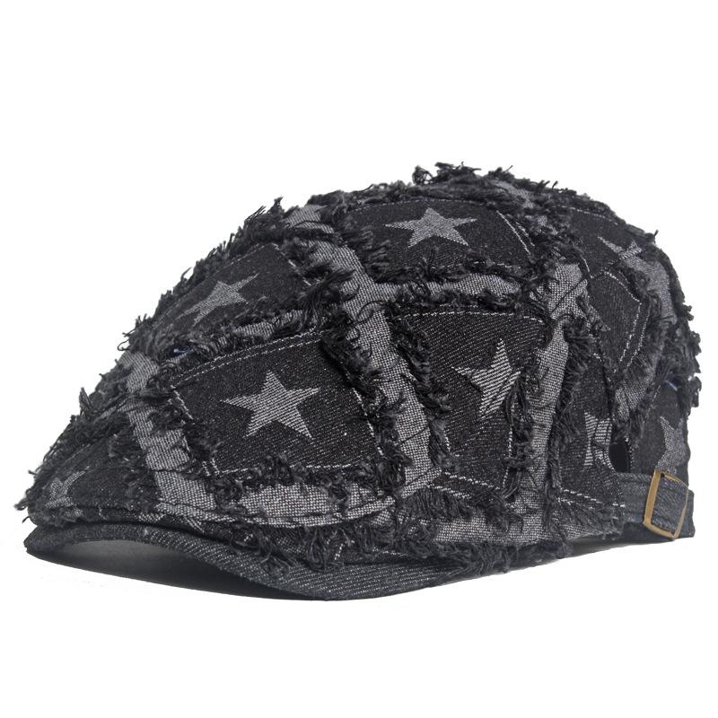 Women Denim Berets Hats Newsboy Caps Cotton 56-61cm Four Seasons Distressed Raw Edges Star Pattern Fashion Hat