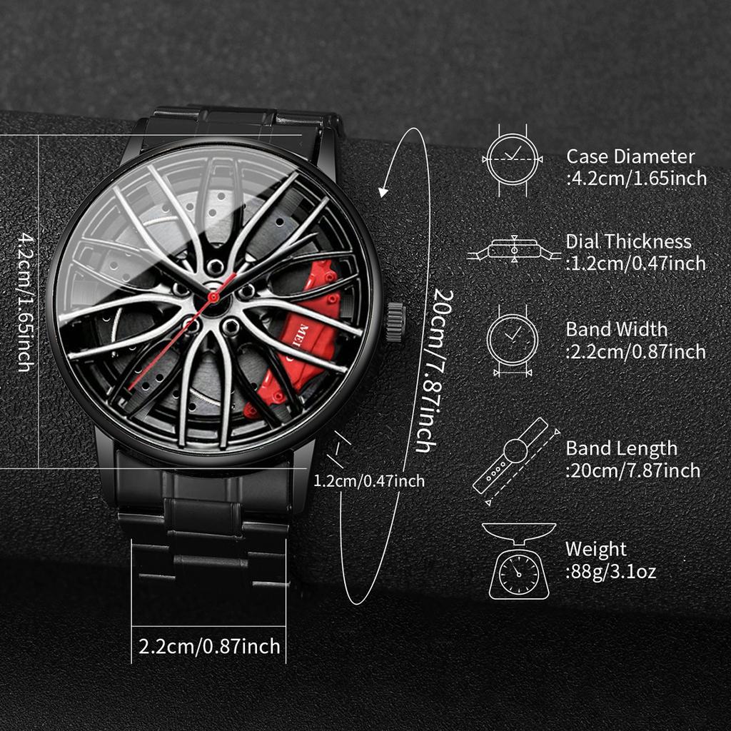 2PCS Men Business Watches Fashion 3D Car Wheel Dial Men Sports Watch Stainless Steel Band Analog Quartz Watch Set