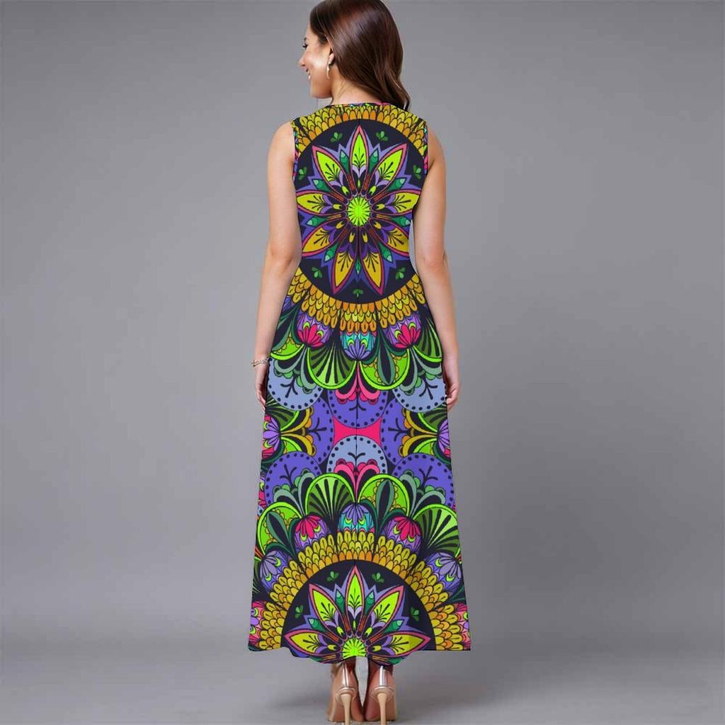 Women Oversized Sleeveless Crew Neck Dress Soft Watercolor Floral Loose Mid Calf Gown