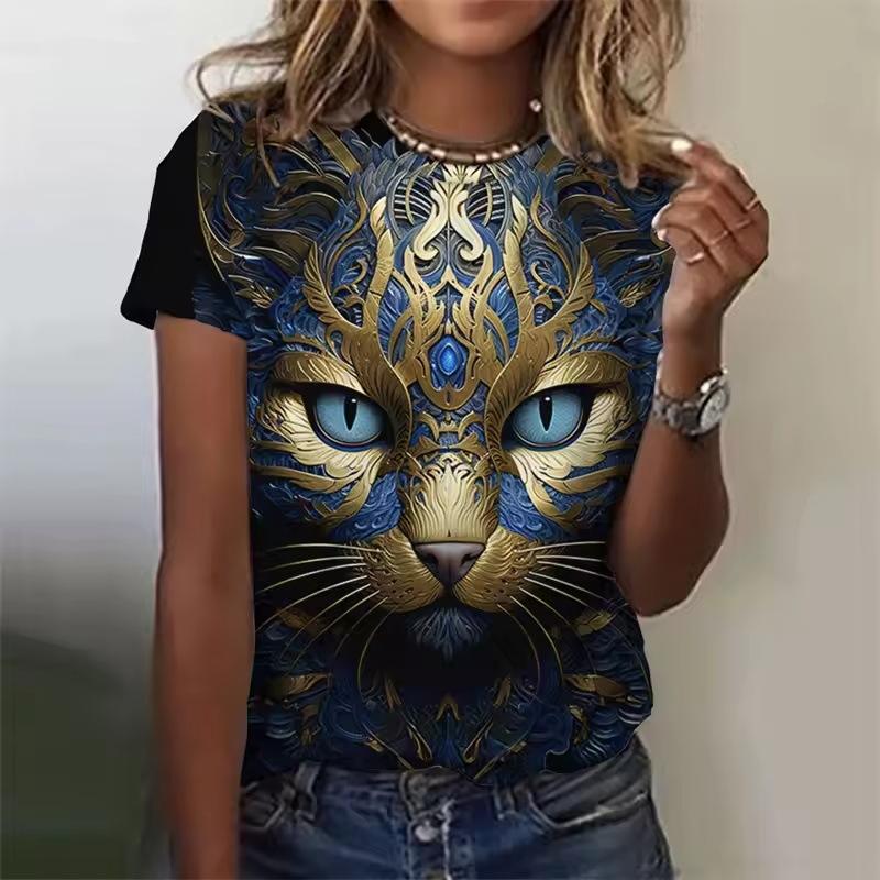 Summer Round Neck 3D Cat Pattern Print Top Fashionable Casual Short Sleeved Women's T-shirts