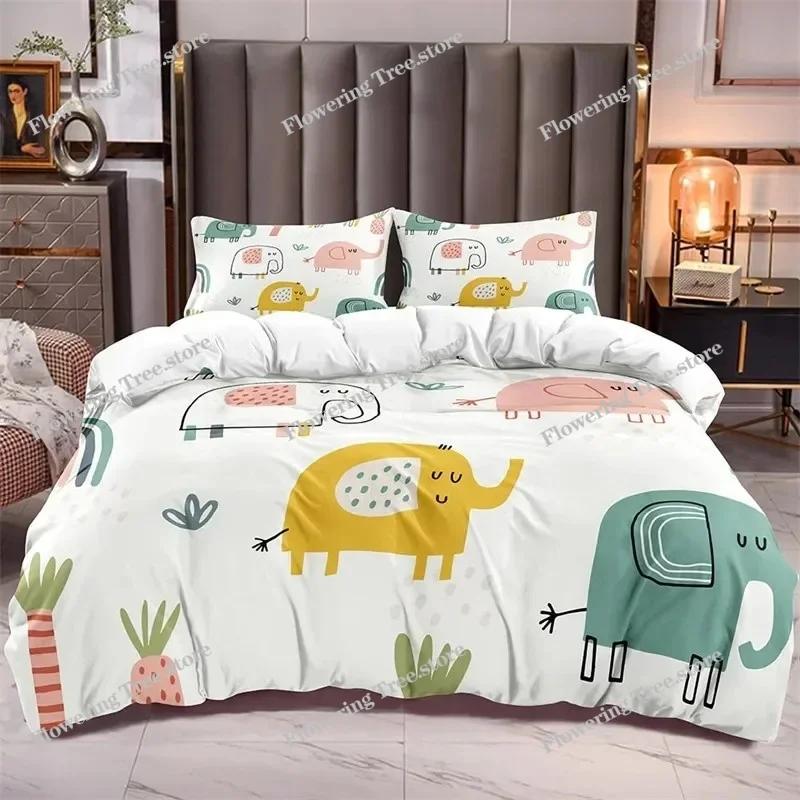 Kids Cartoon Elephant Duvet Cover Lovely Animal Theme Bedding Set Full For Girls Boys Kawaii Room Decor Microfiber Quilt Cover