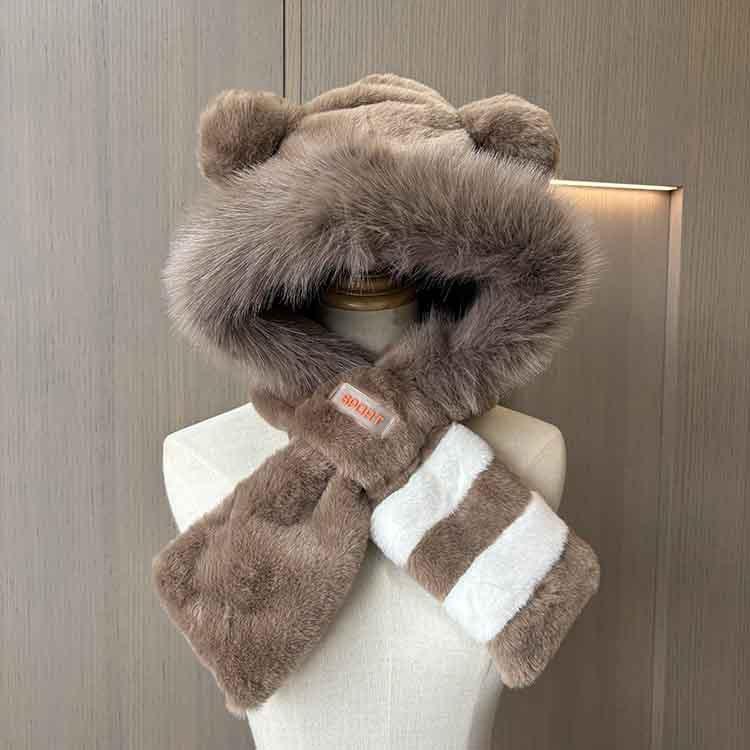 Women's Autumn and Winter Velvet Warm and Cold Ear Protection Hat, Black and White Striped Bear Ear Hat, Scarf Integrated Two-piece Plush Hat