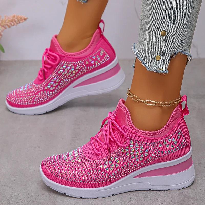 Fashion Women's Hot Pink Crystal Knitted Sneakers Autumn 2025 Shiny Rhinestone Wedge Heels Vulcanize Shoes Woman Platform Casual Shoes