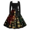 Women's Fashion Retro Long-sleeved Square Collar Christmas Printed Evening Dress