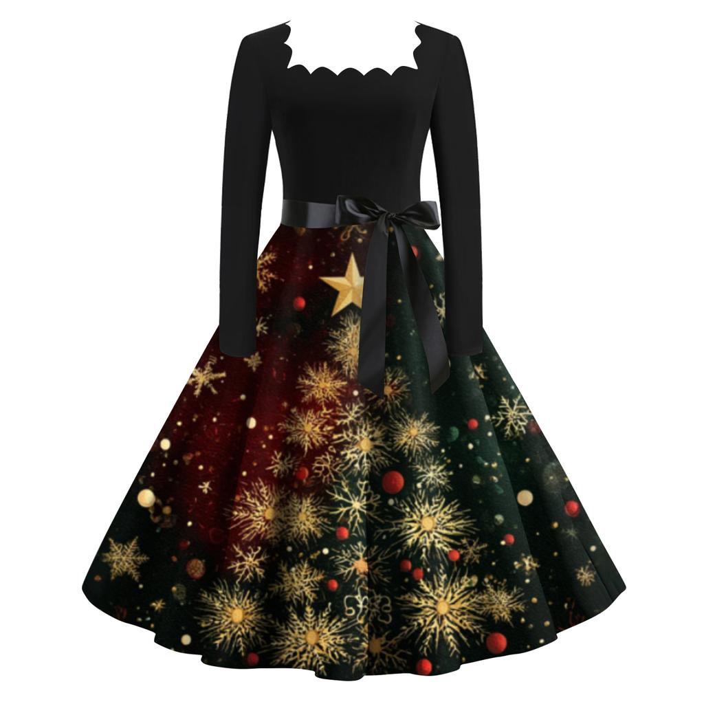 Women's Fashion Retro Long-sleeved Square Collar Christmas Printed Evening Dress