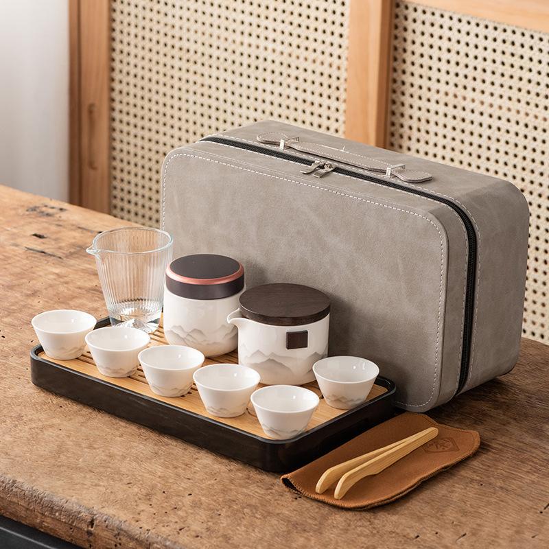 Guochao Travel Tea Set Portable Chinese Style Ink Painting Suet Jade White Porcelain Business Gifts Kuaike Cup