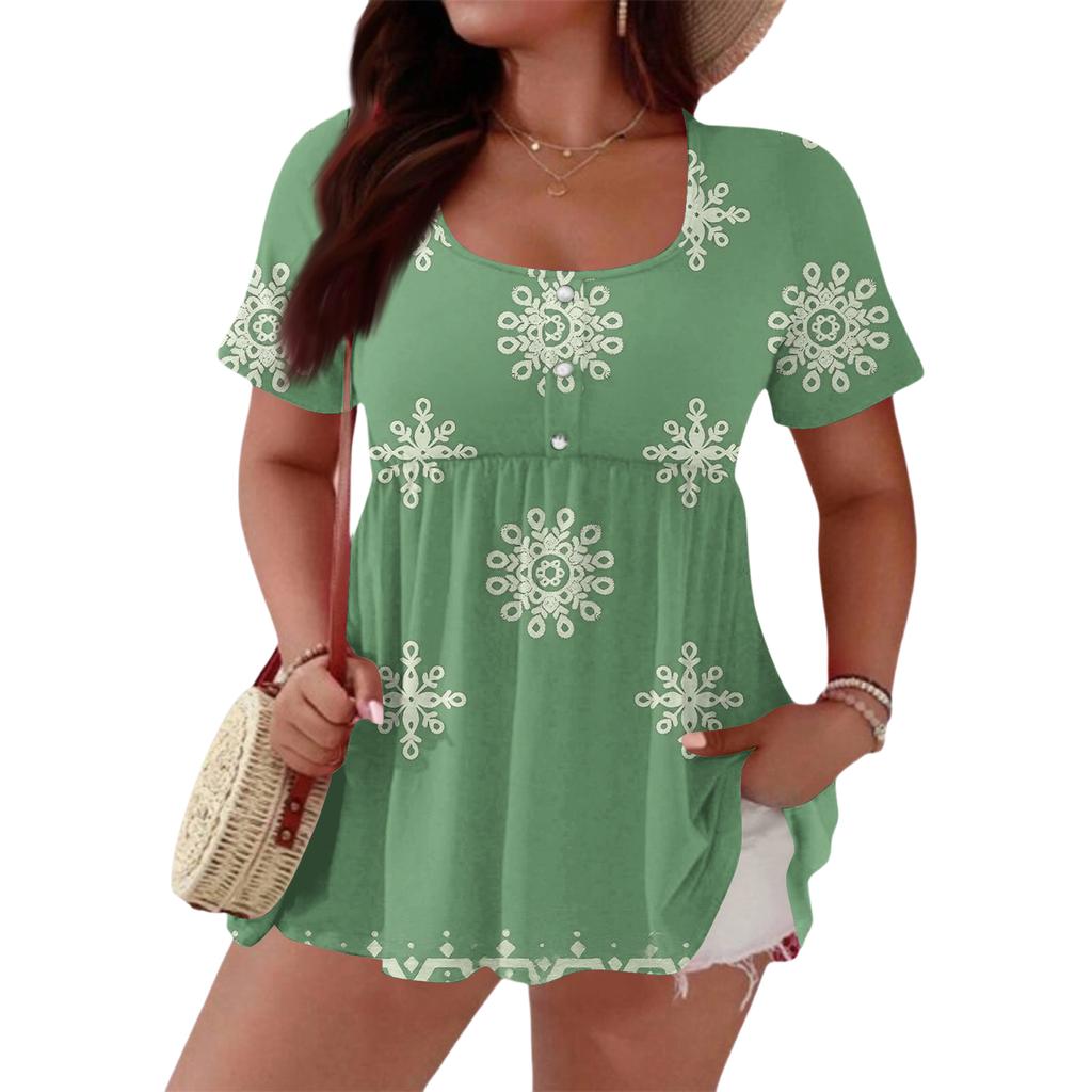 Women's Fashionable Casual Short Sleeve Loose Fit Button Front Printed Blouse
