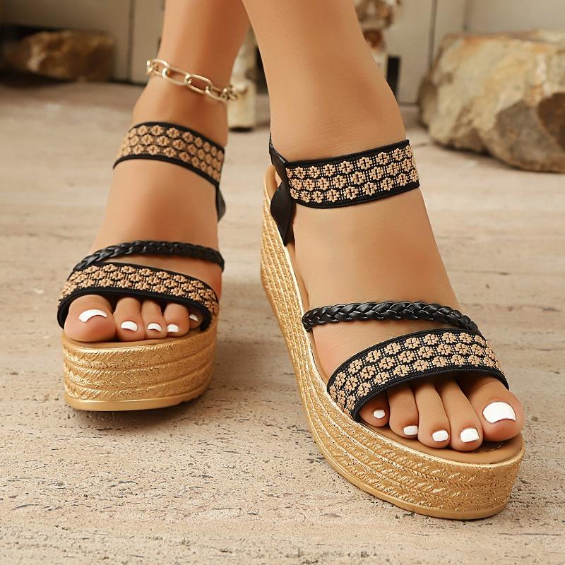 Large size apricot wedge heel thick sole heightening fashionable and comfortable casual waterproof table one-word buckle women's sandals