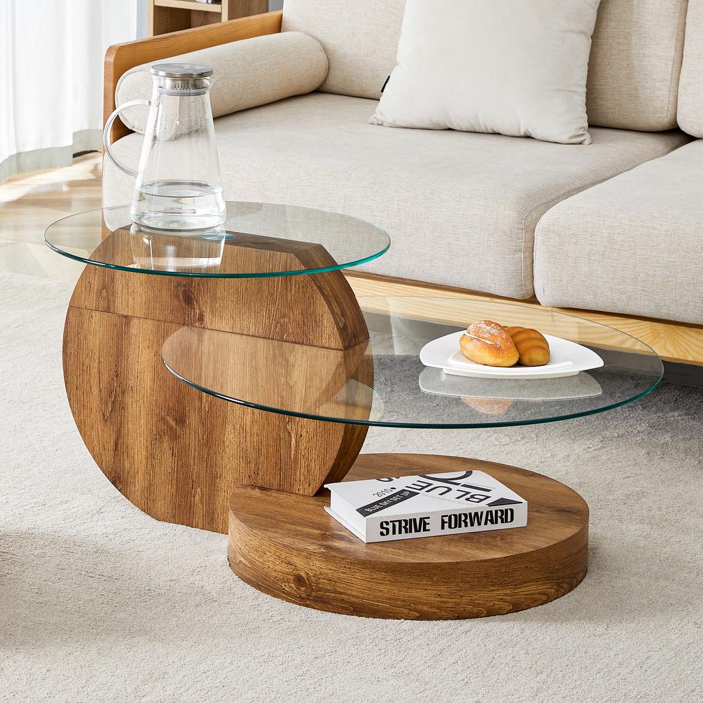 Modern Minimalist Tempered Glass Coffee Table, Multi-Layer Design, High-Quality MDF Material, with Natural Wood Texture Stickers
