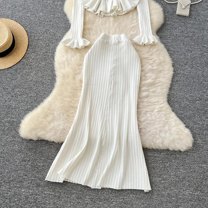 Dvoudílný business set dámské outfity tunika s dlouhým rukávem zkrácený kardigan sukně s vysokým pasem bodycon rybí ocas oblek módní pletený svetrový oblek