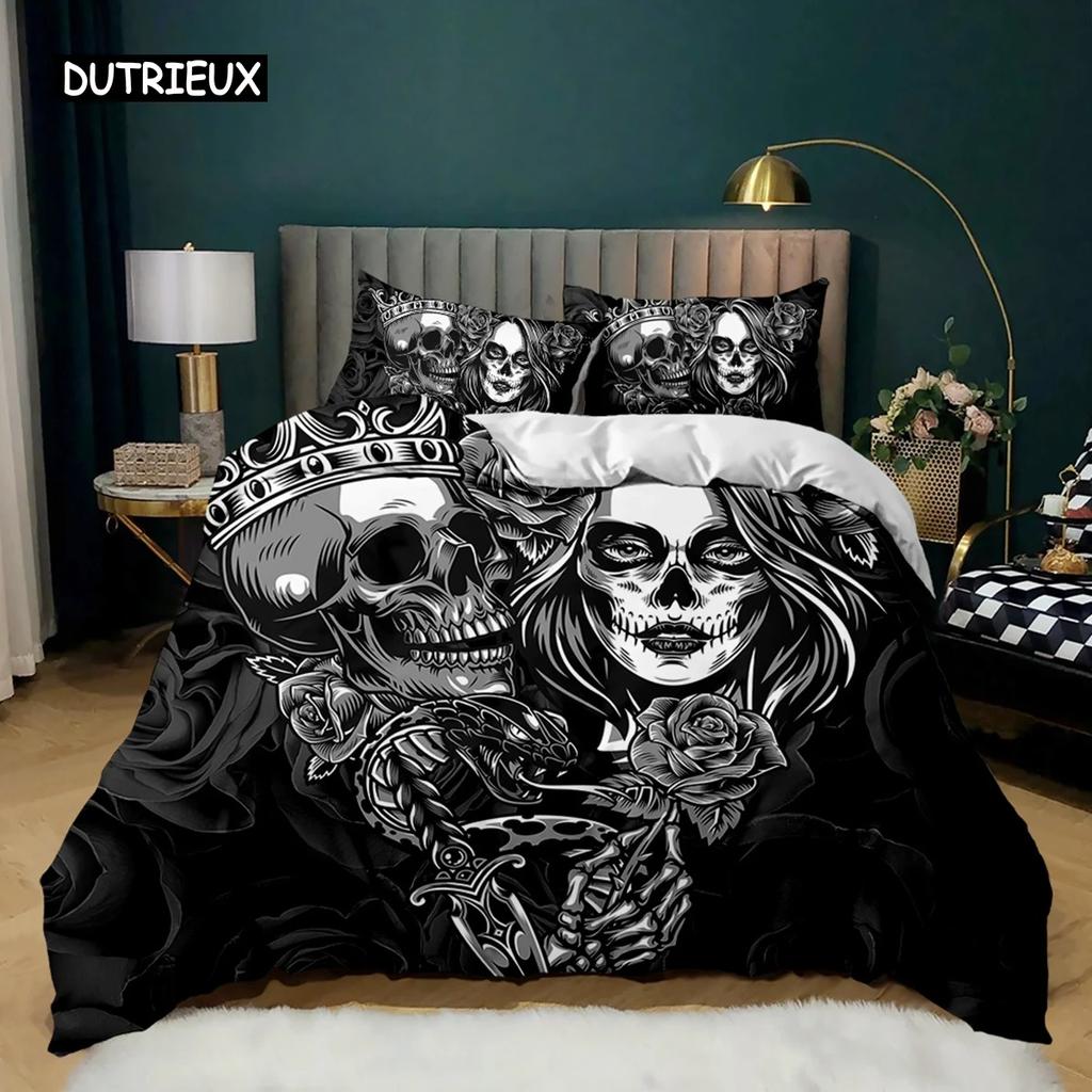 Skull Duvet Cover Set Rose Twin Skeleton Kiss Comforter Cover Teens Gothic Skeleton Double Queen King Size Polyester Qulit Cover