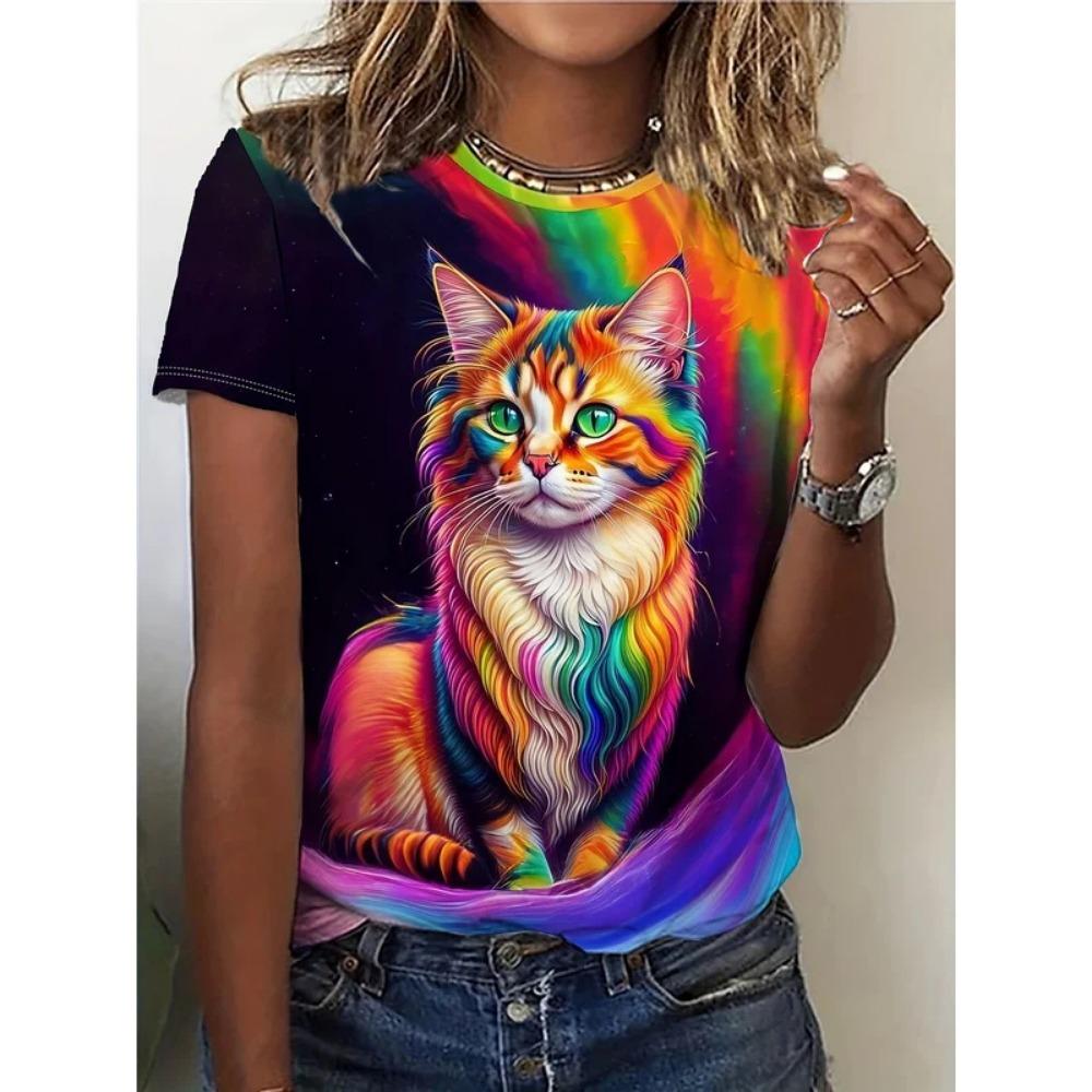 Summer New Women's 3D Digital Print T-shirt Loose Casual Round Neck Short-sleeved Creative Animal Print Top Y2K Streetwear