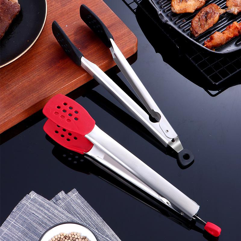 Silicone Head BBQ Grilling Tongs Stainless Steel Non-Stick Steak Bread Clip Anti-Scalding Food Clamp Kitchen Cooking Utensils