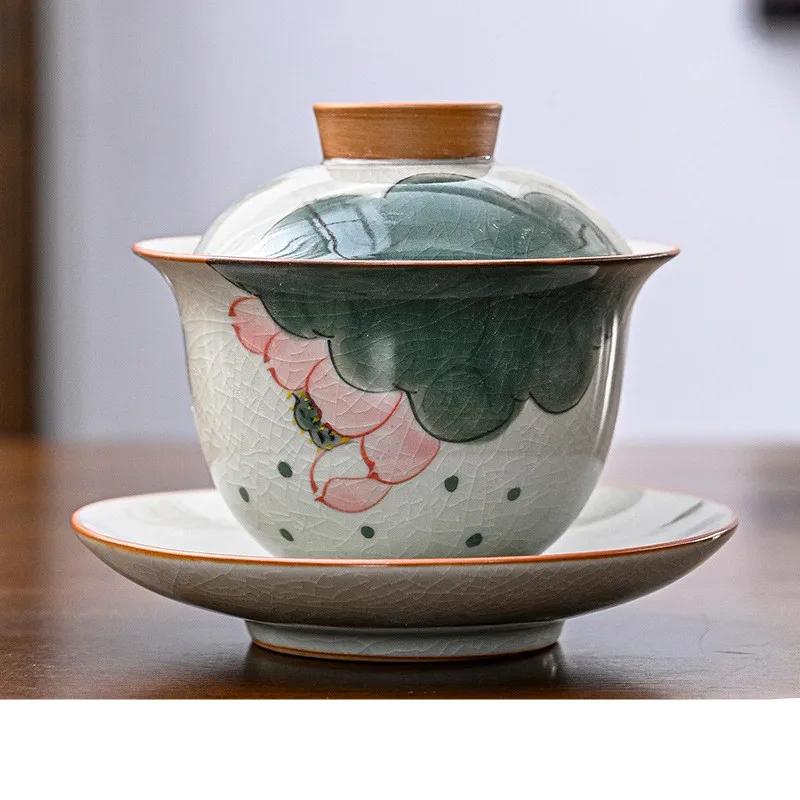 160ml Hand-painted Lotus Ceramic Tea Tureen Covered Bowl Handmade Porcelain Gaiwan Teacup Household Tea Bowl Chinese Teaware 11.5x9.5cm  160ml