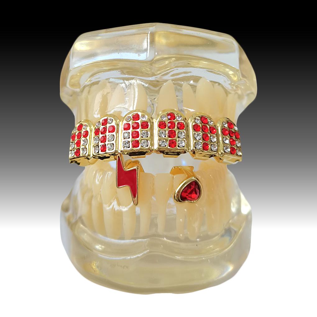 Stylish Hip Hop Grillz Set: Red Diamond Cross & Lightning Gold