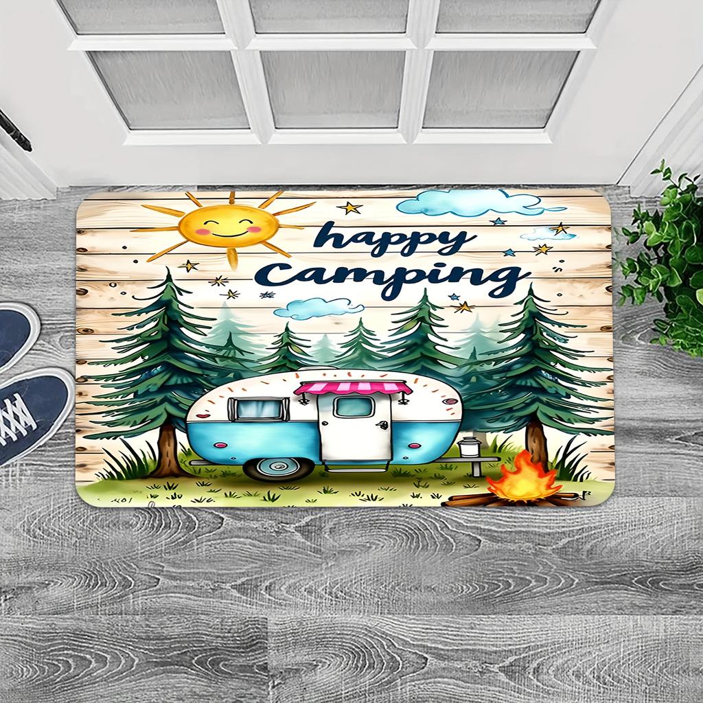 1pc 2D Flat Happy Camping RV Caravan Forest Sun Flannel Door Mat Non Slip Outdoor Theme Rug For Entryway Porch Floor