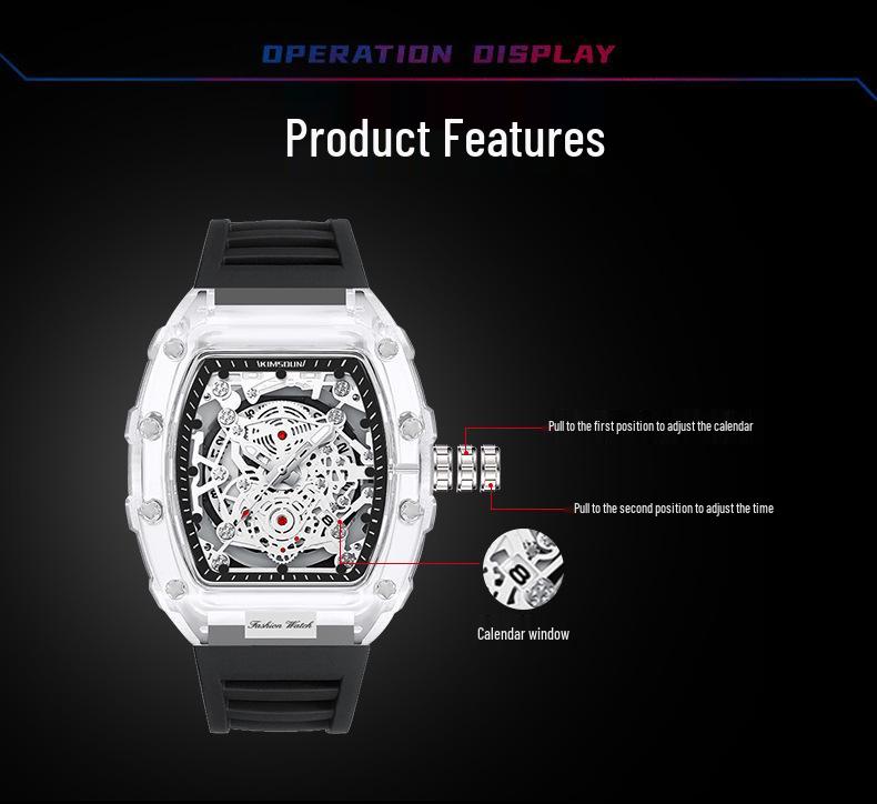 Men's Transparent Barrel-Shaped Quartz Waterproof Wristwatch