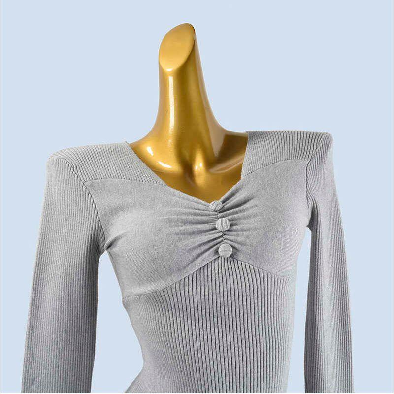 Pure Desire Pleating V-neck Buttons Waist Trimming Short Knitwear Female Autumn Retro Silm Slim Looking Thread Sweater Top