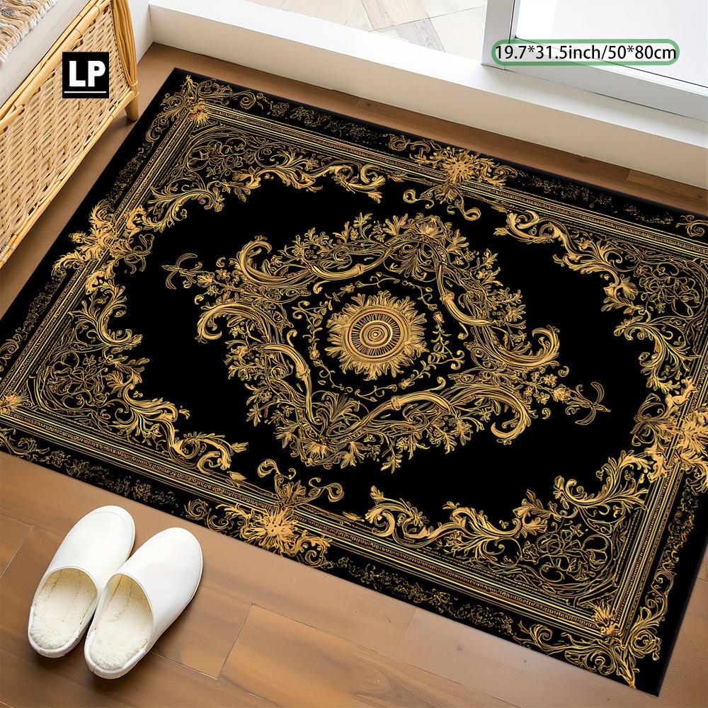 Luxury Black Gold Baroque Print Carpet Plush Flannel Rug Living Room Bedroom Home Decor Area Rug Non Slip Floor Mat