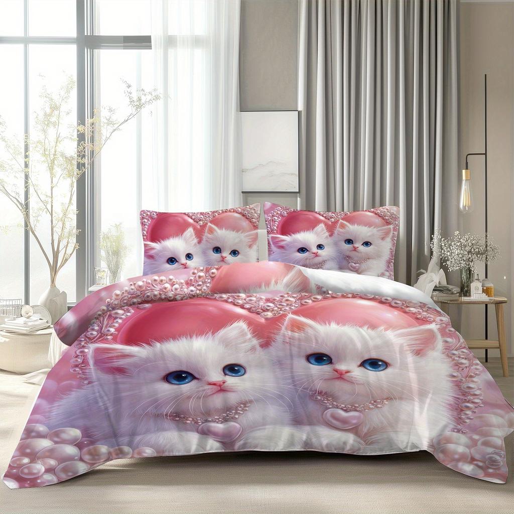Comforter 2/3Pcs Pearl Cat Cute Cat Pattern Bedding Set Soft Comfortable Fabric Lovely Gift Idea For Cat Lovers