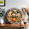 Welcome Friend Scarecrow Wreath Sign 7.8 Inch Metal Wall Decor Plaque, HD 2D Printing, Durable Aluminum, Intricate Details
