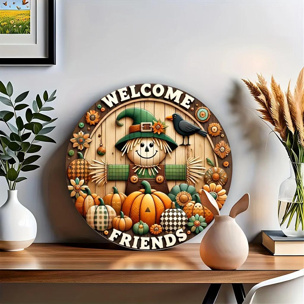 Welcome Friend Scarecrow Wreath Sign 7.8 Inch Metal Wall Decor Plaque, HD 2D Printing, Durable Aluminum, Intricate Details