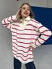 European and American Half-Zip Turn-Down Collar Color Block Loose Plus Size Striped Knitted Sweater Coat