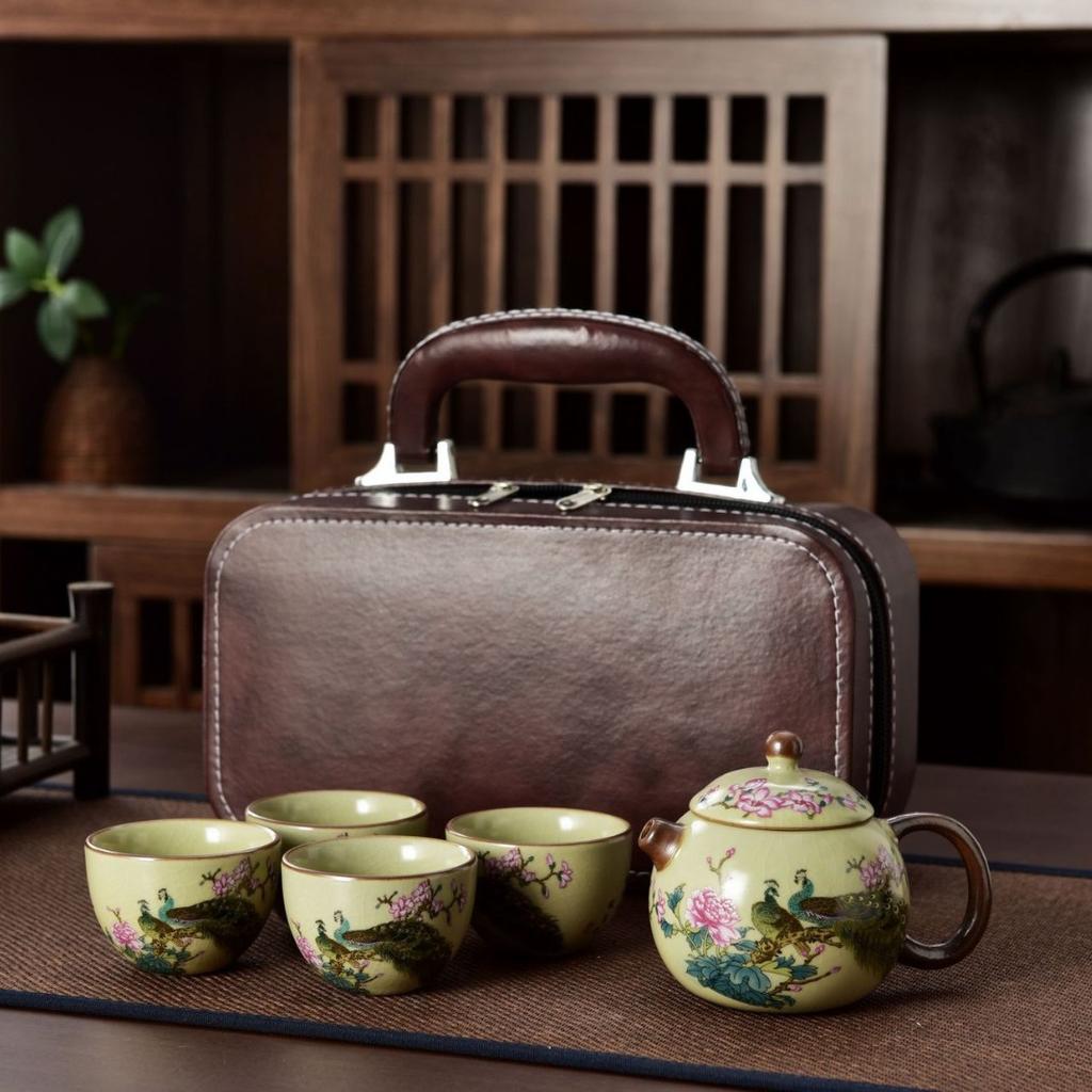 Ru Kiln Travel Tea Set One Pot Four Cups Retro Kung Fu Tea Set Ceramic Teapot Tea Cup Portable Outdoor Teaware Sets Leather Bag