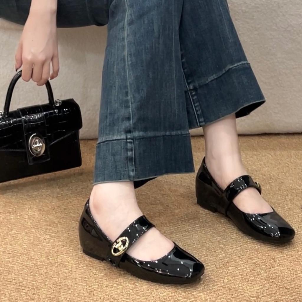Cowhide Version~ Small Inner Height Increase Retro Square Head with Genuine Leather Mary Jane Shoes Women's Shallow Mouth Single Shoes