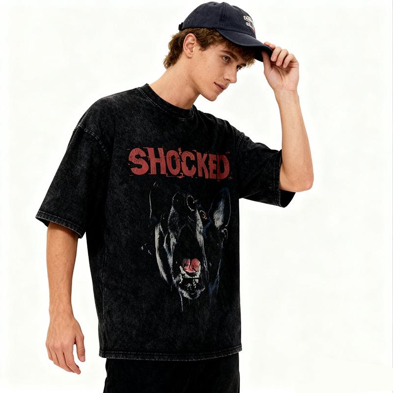 Summer Men'S Trendy Brand Short-Sleeved T-Shirt American High Street Vintage Doberman Print Fried Color T-Shirt